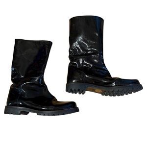 Marni Glossy Black Leather Moto Biker Boots Size 38